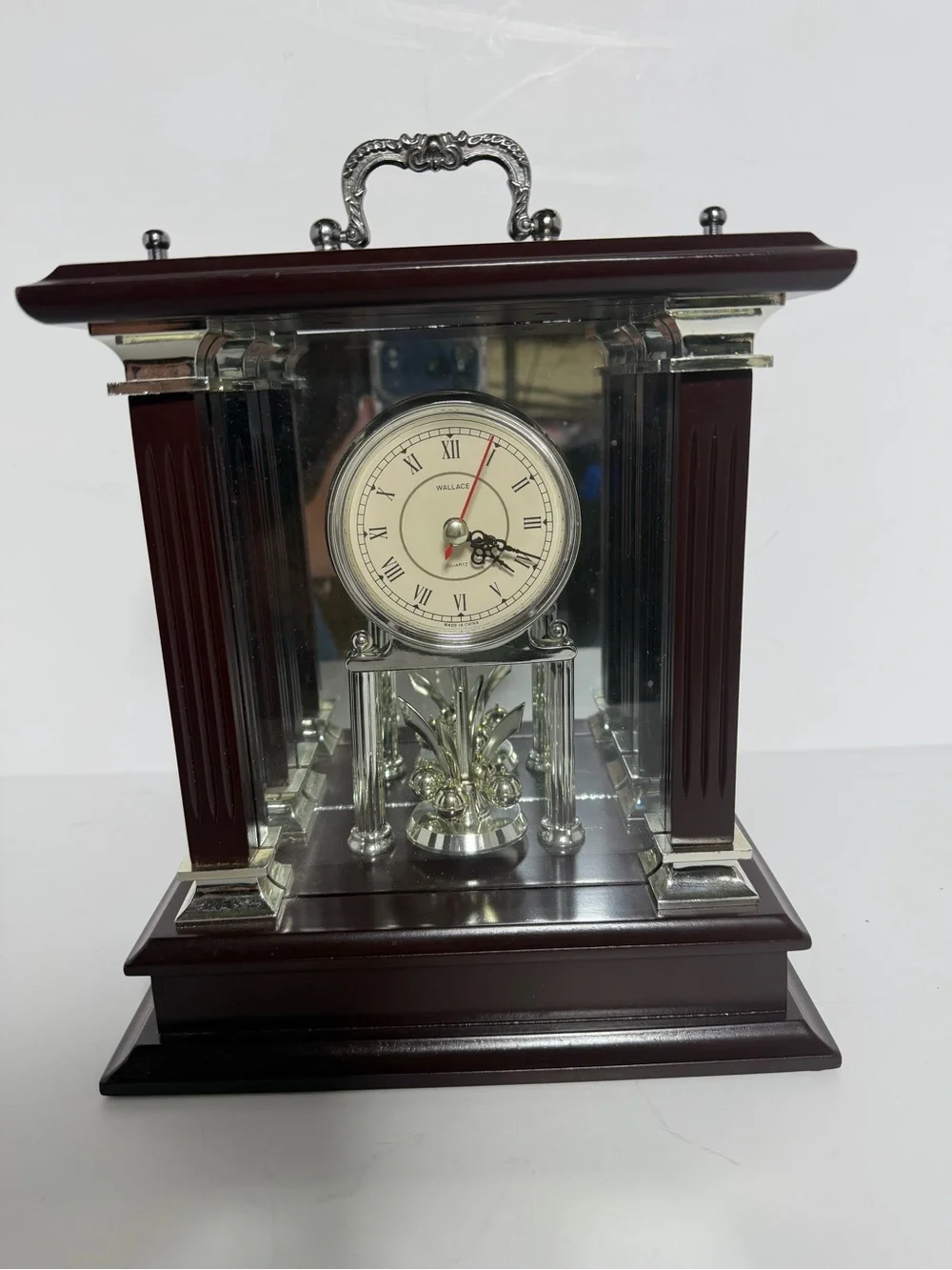 Vintage Wallace Silversmiths Mahogany Carriage Mantel Clock - Quartz, Works!
